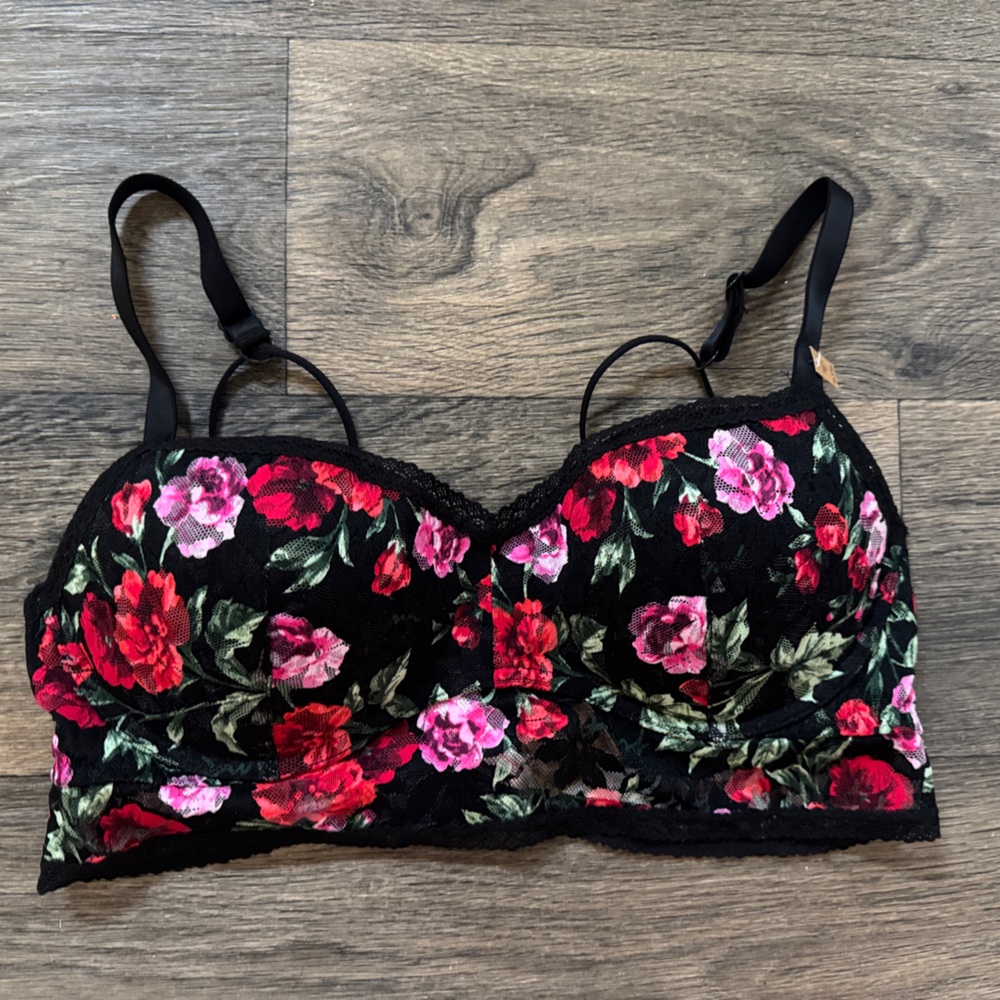 PINK Victoria's Secret Black Lace Longline Bra with Pink & Red Roses
